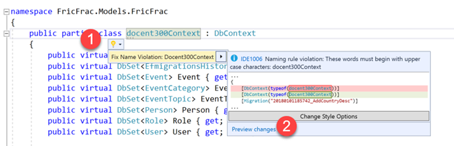 Visual Studio Naming rule violation dialog box